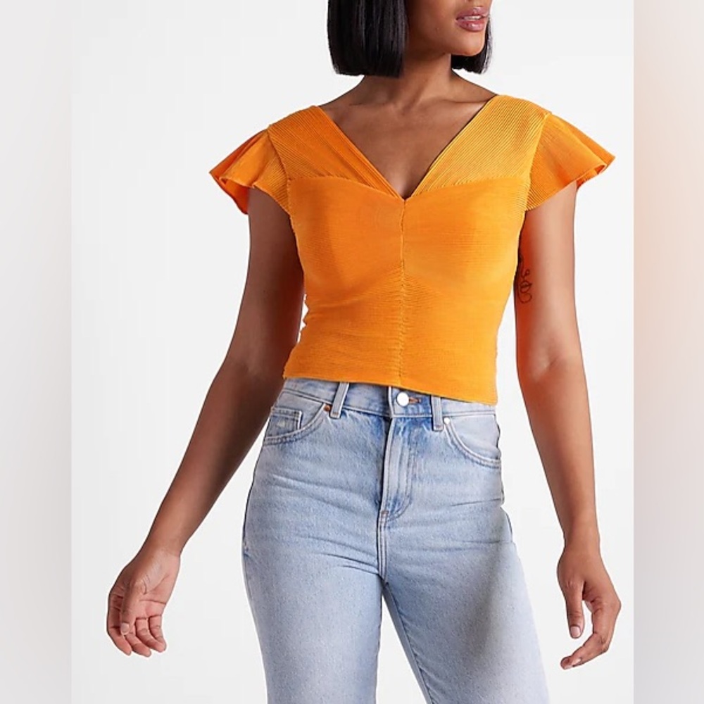 Pleated Flutter Sleeve Cropped Top orange size XS never worn fitted